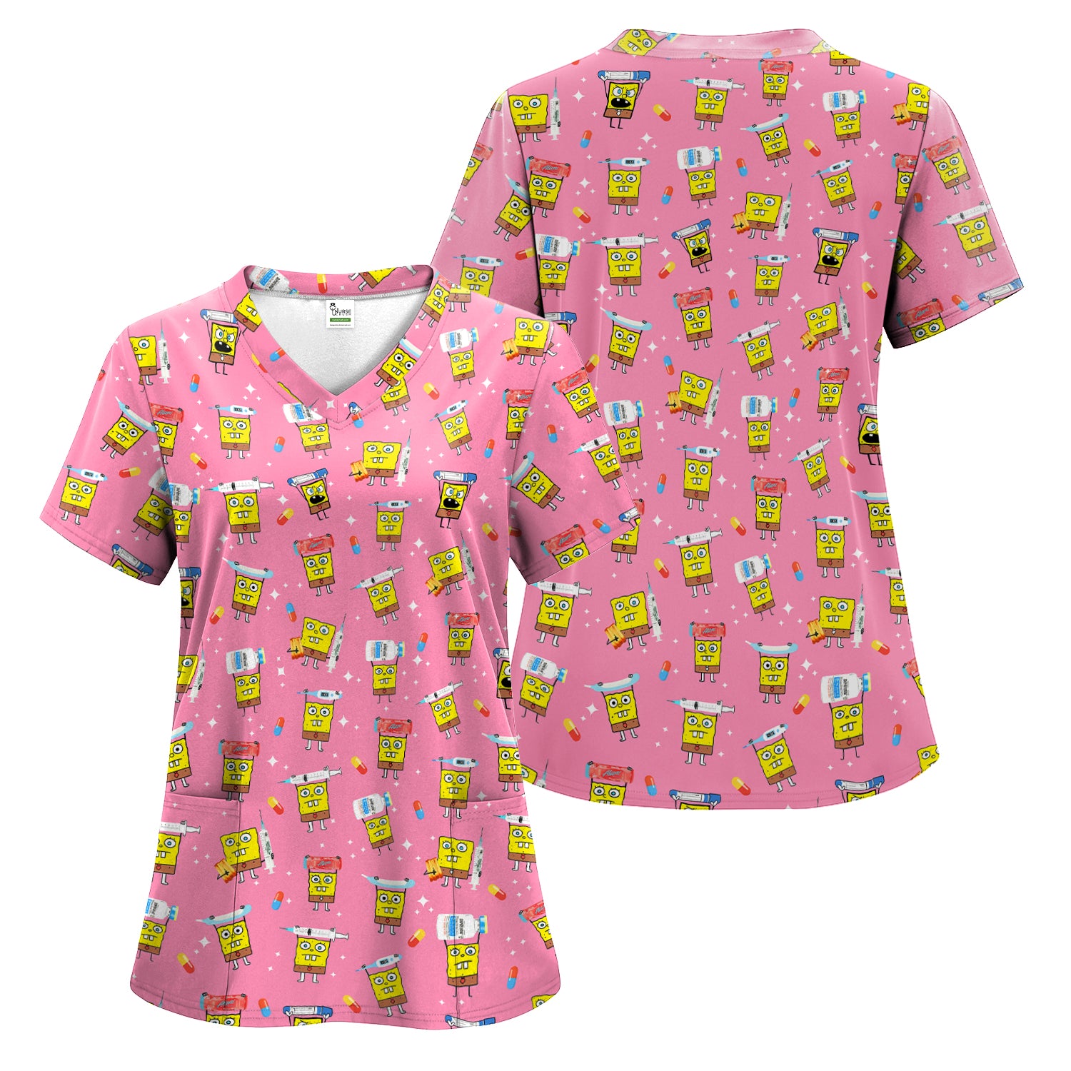 Cartoon Character Scrub Top - All-Over Print Doodle Medical Characters - Gift for RN LPN Healthcare Workers