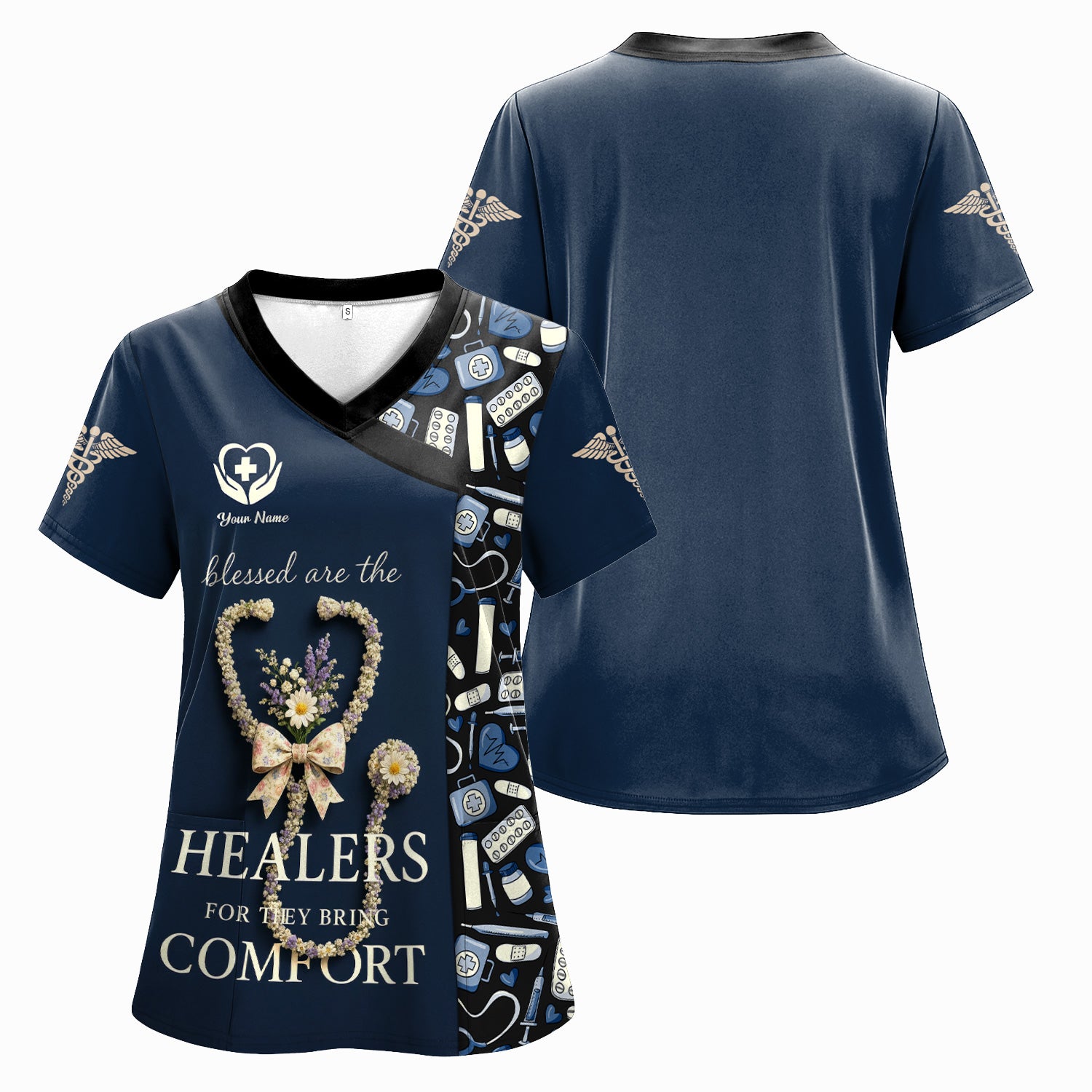 Personalized Blessed Healer Scrubs for Women RN CNA LPN - Floral Heart Stethoscope Design with Inspirational Quote - Custom Name Gift for Healthcare Workers & Nurses