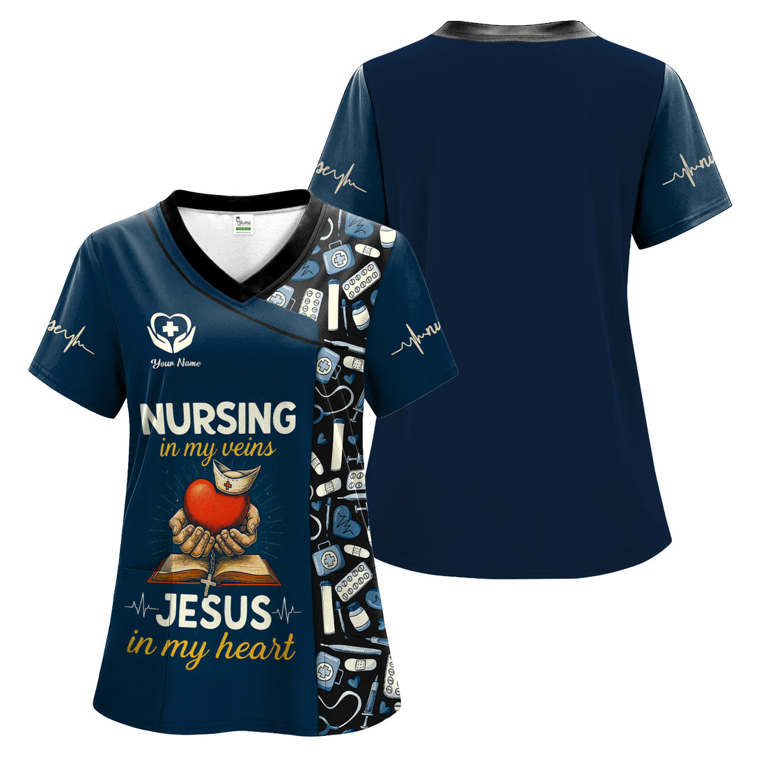 Custom Name Nurse Scrub Top - Nursing in My Veins Jesus in My Heart Quote - Gift for RN LPN CNA