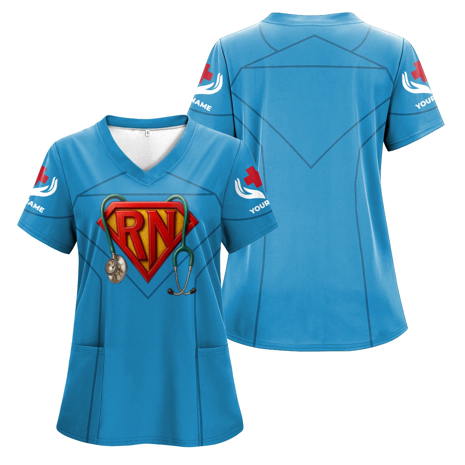 Personalized Funny RN Symbol Nurse Scrub for Women - Superhero Design with Stethoscope - Gift for RN LPN CNA Medical Staff