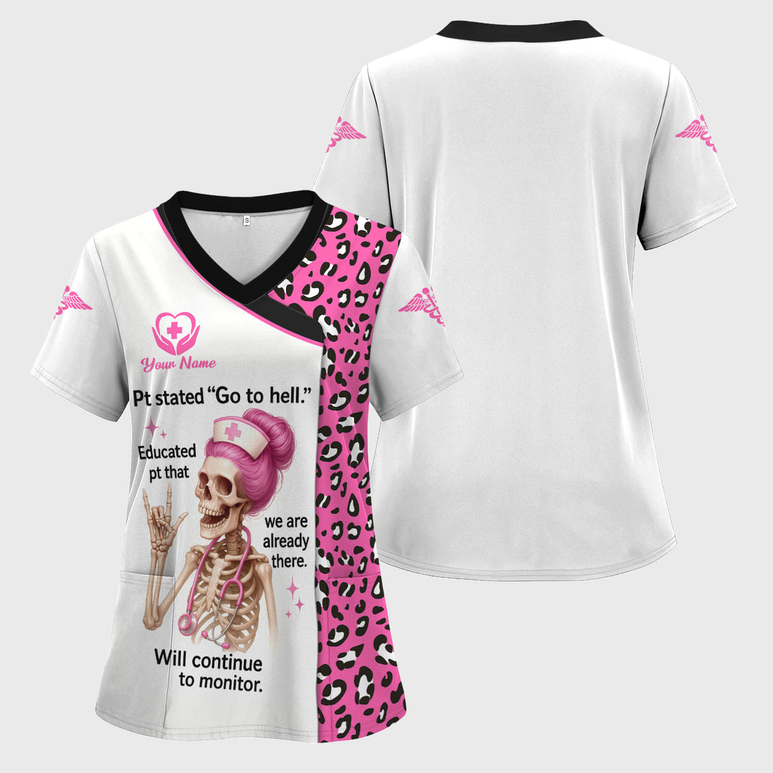 Personalized Funny Nurse Scrub Top - Pink Skeleton & Sarcastic Quote Design - Hilarious Gift for RN, LPN, Healthcare Workers