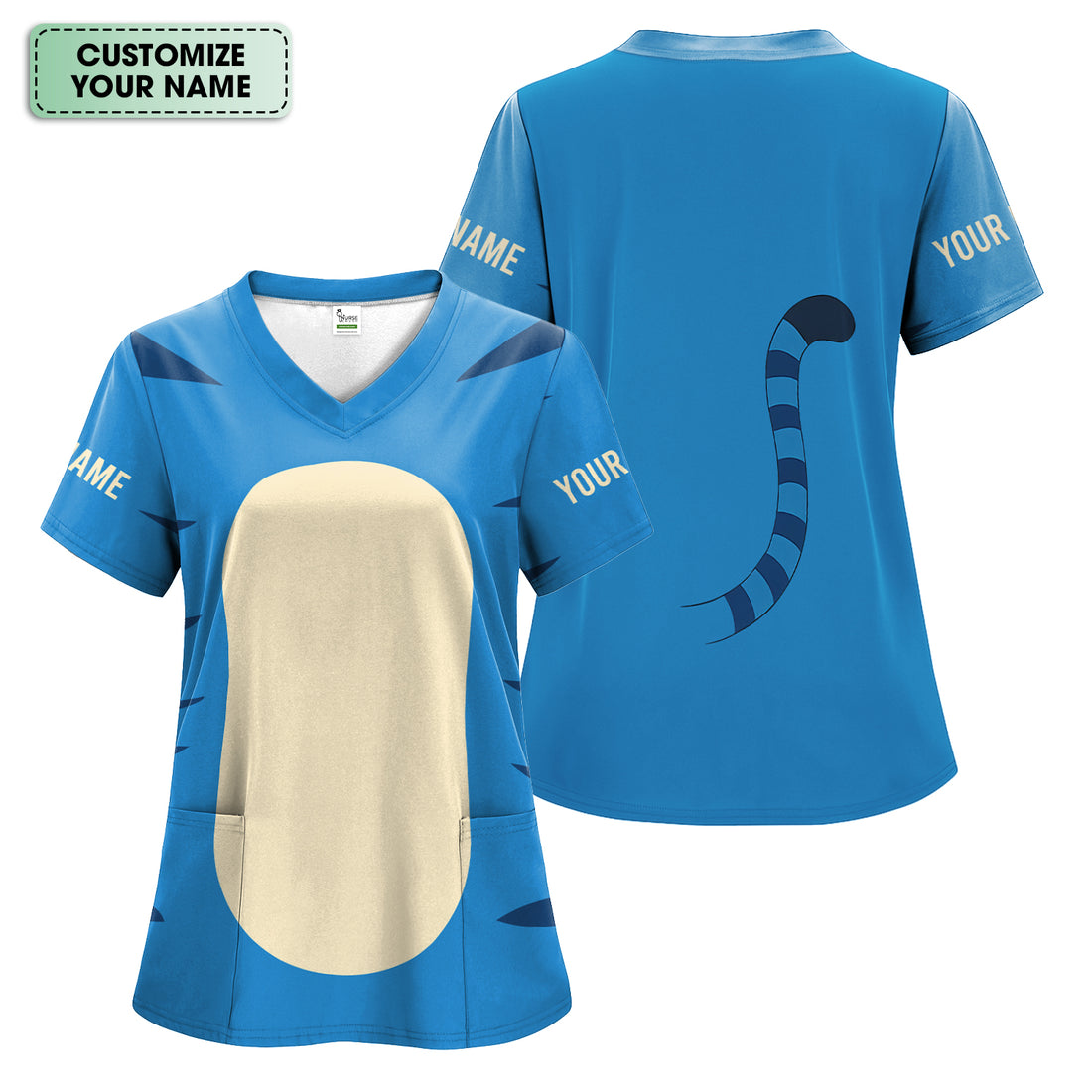 Custom Name Cartoon Tiger Scrub Top - Animal Costume with Tail Graphic Design - Gift for Women RN LPN CNA