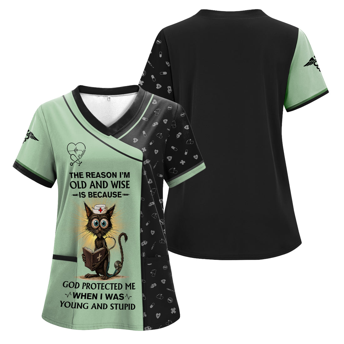 Personalized Christian Nurse Scrub Shirt - Funny Cat Design with God Protected Me Quote - Custom Gift for RN LPN CNA Healthcare Workers