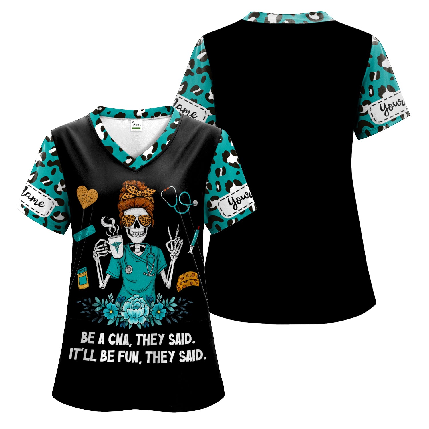 Personalized CNA Skeleton Shirt - Messy Bun Hair & Leopard Print Graphic Tee - Gift for Women CNA & Healthcare Workers