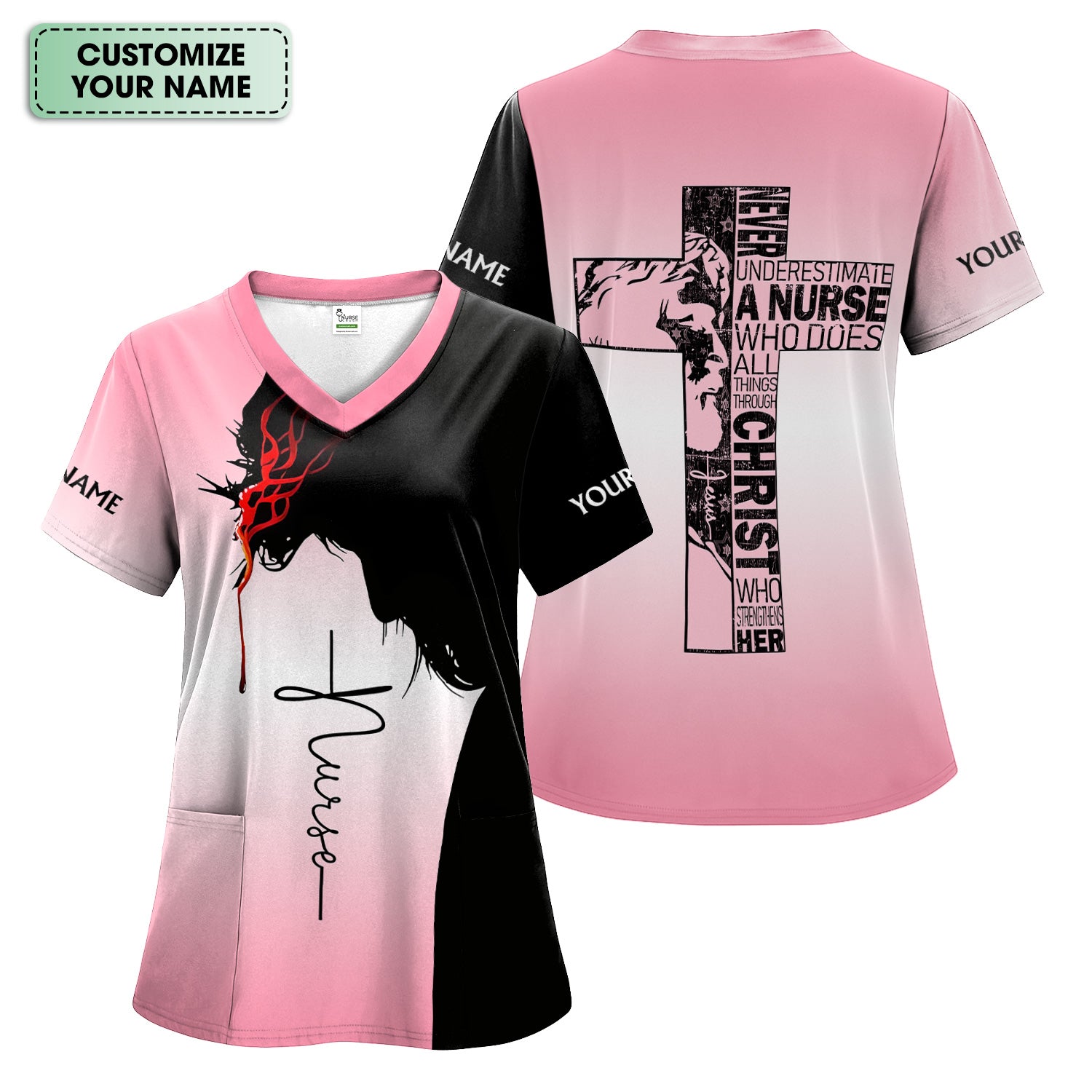 Personalized Christian Nurse Scrub Top - Christian Cross & Jesus Faith Design - Gift for RN LPN CNA