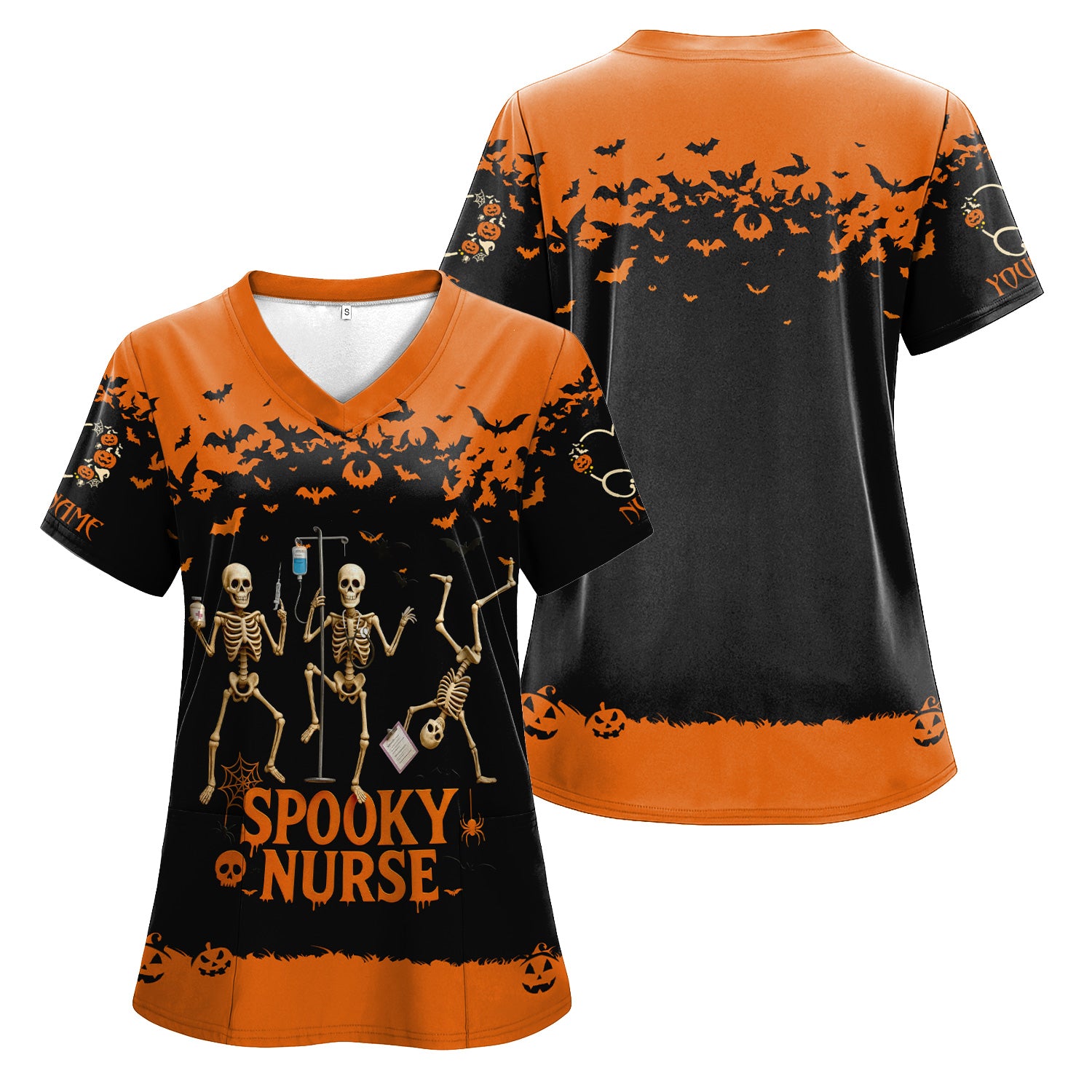 Spooky Nurse Halloween Shirt - Funny Skeleton Medical Scrub Top for RN CNA - Custom Name All Over Print Gift for Nurses