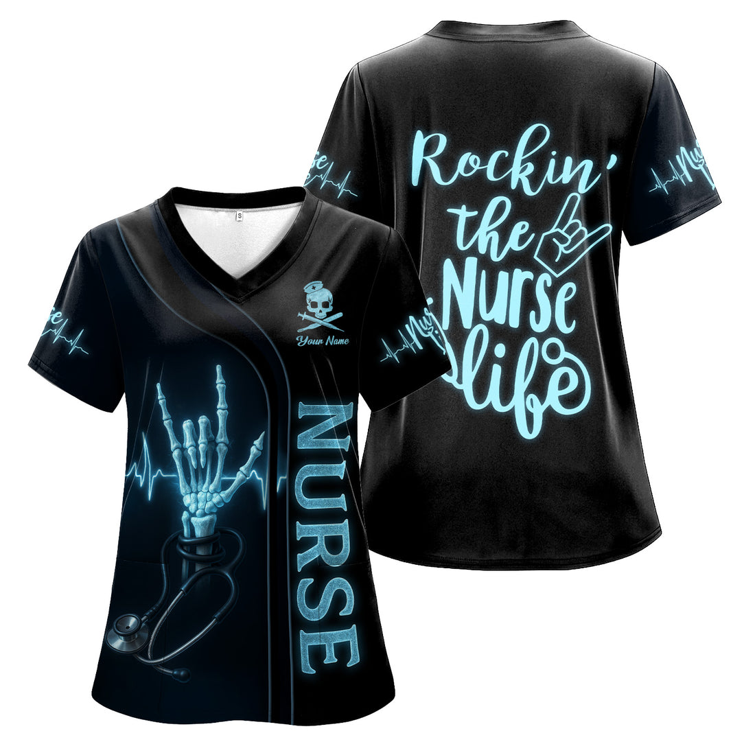 Custom Skeleton Hand Nurse Scrub Top - Rockin the Nurse Life  Quote - Gift for RN, CNA, LPN, Healthcare Worker