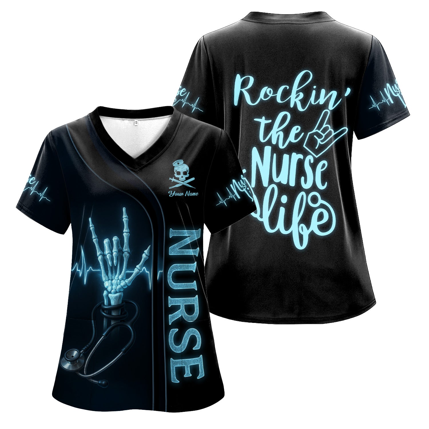 Custom Skeleton Hand Nurse Scrub Top - Rockin the Nurse Life  Quote - Gift for RN, CNA, LPN, Healthcare Worker