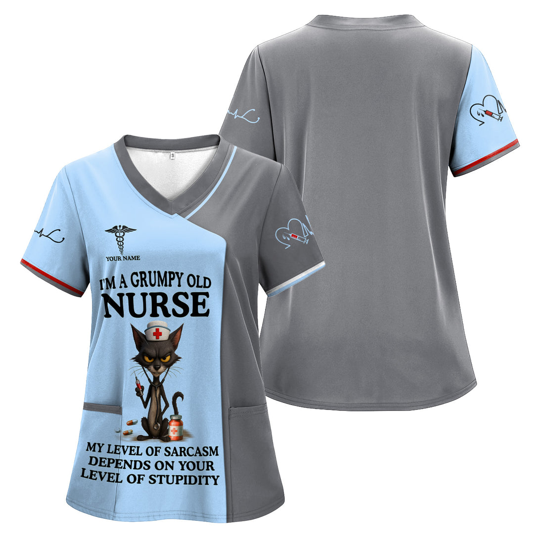 Personalized Funny Nurse Scrubs - Cute Black Cat & Caduceus Symbol Design with Custom Name - Meaningful Gift for RN CNA LPN Healthcare Professionals