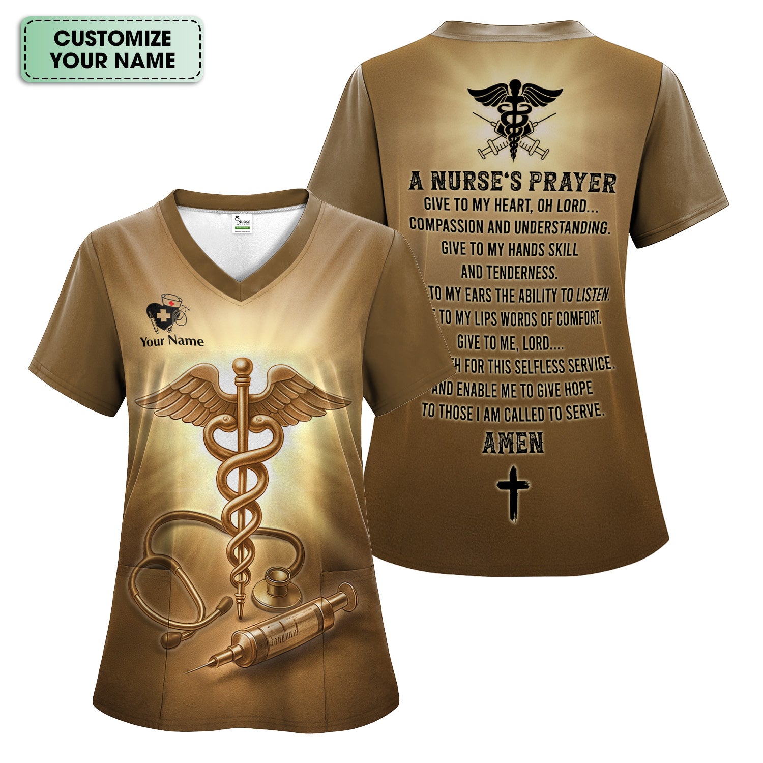 Personalized Christian Nurse Prayer Shirt - A Nurse's Prayer & Caduceus Symbol Graphic Tee - Gift for RN LPN CNA