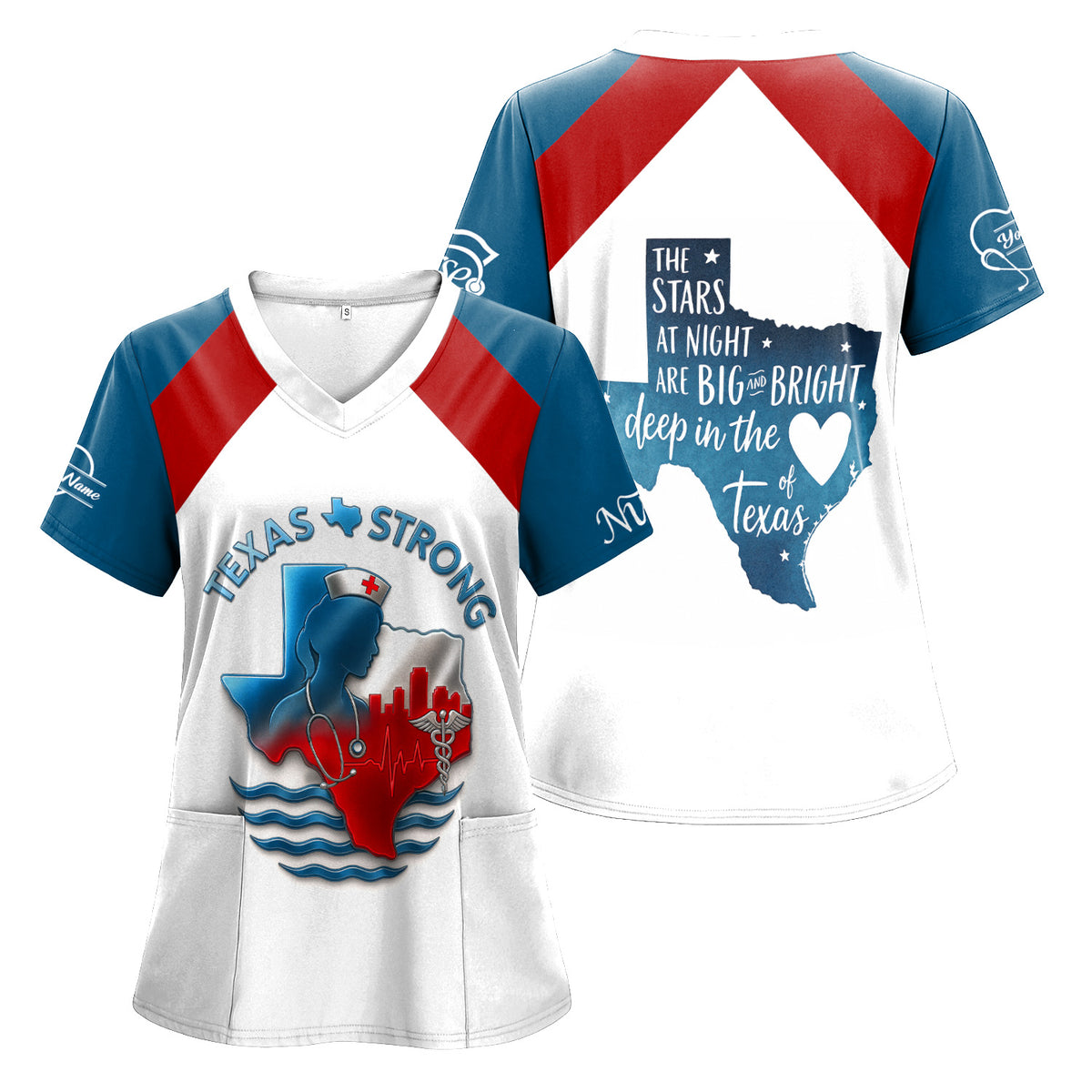 Texas Strong Nurse Scrubs - Personalized with Stethoscope & Texas Flag - Custom Name for RN, CNA, LPN - Gift for Healthcare Workers