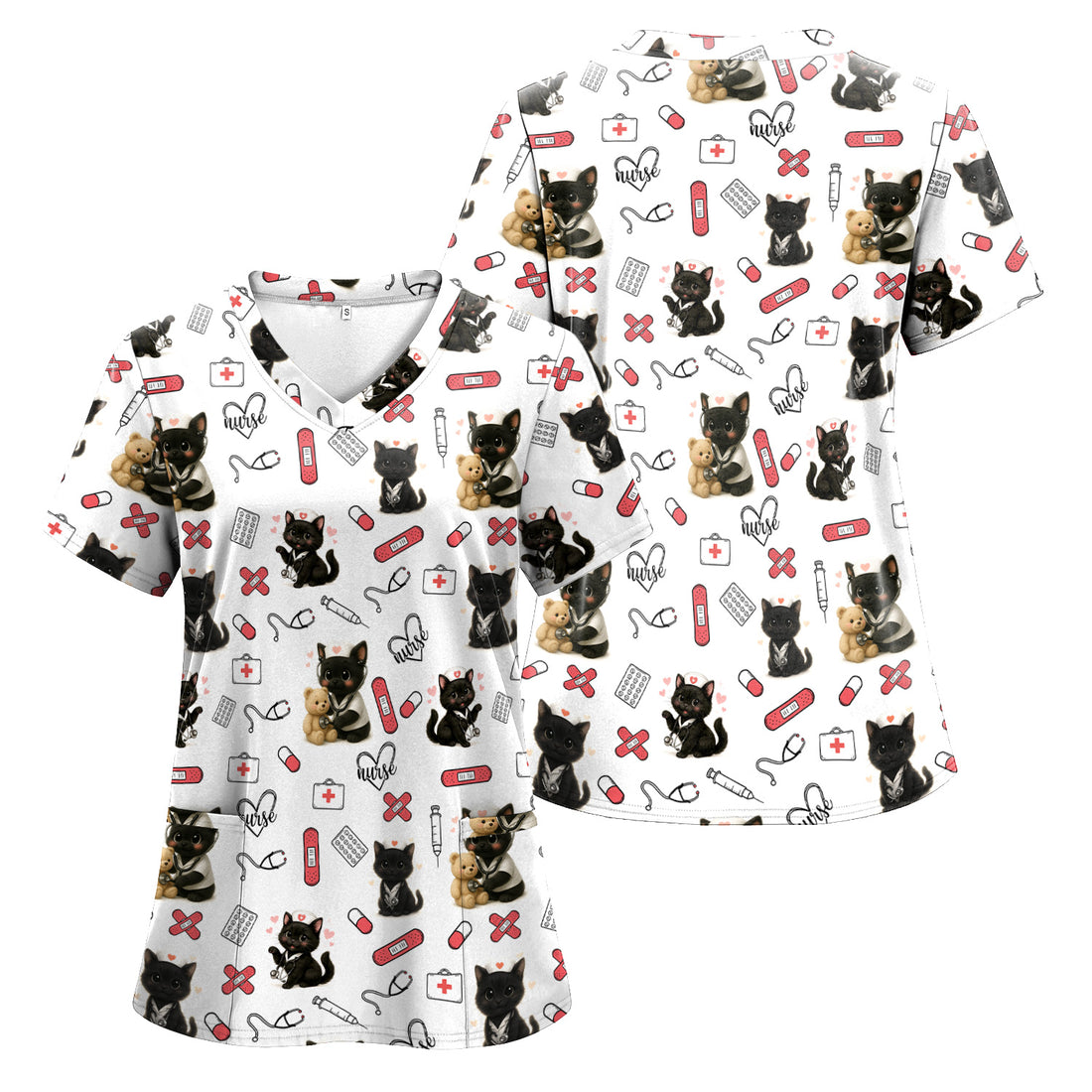 Cute Black Cat Nurse Scrub Top for RN CNA LPN - Funny Kitty Medical Pattern Uniform - Gift for Cat Loving Healthcare Women