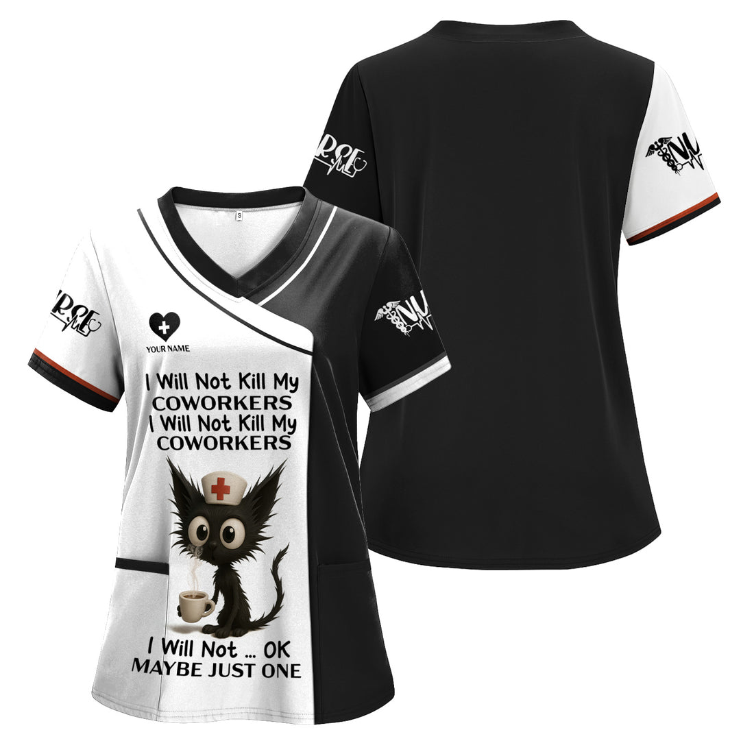 Personalized Cute Nurse Scrub Shirt - Funny Coffee Black Cat Design for RN LPN CNA - Custom Sarcastic Gift for Medical Staff
