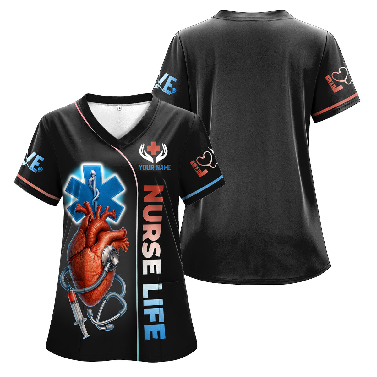 Personalized Nurse Life Scrub Top - Anatomical Heart with Stethoscope Design - Custom Name Medical Uniform for RN, LPN, CNA