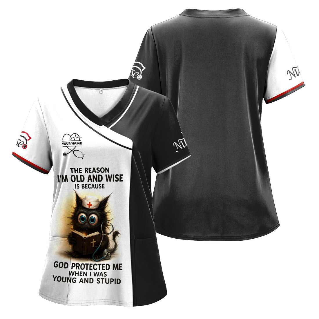 Personalized Funny Nurse Scrubs - Cute Cat & Bible Design with Custom Name - Ideal for RN, CNA, LPN - Best Gift for Healthcare Professionals