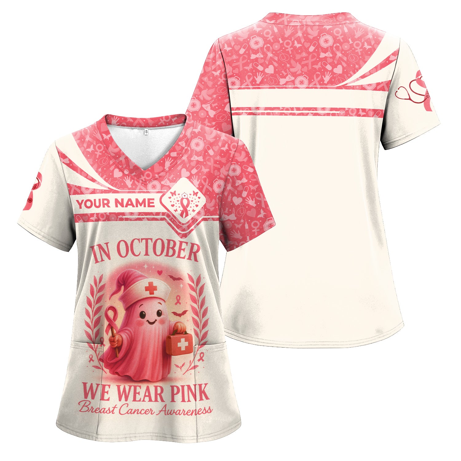 Personalized In October We Wear Pink Shirt - Breast Cancer Awareness Scrub Top - Cute Nurse Uniform Tee with Custom Name