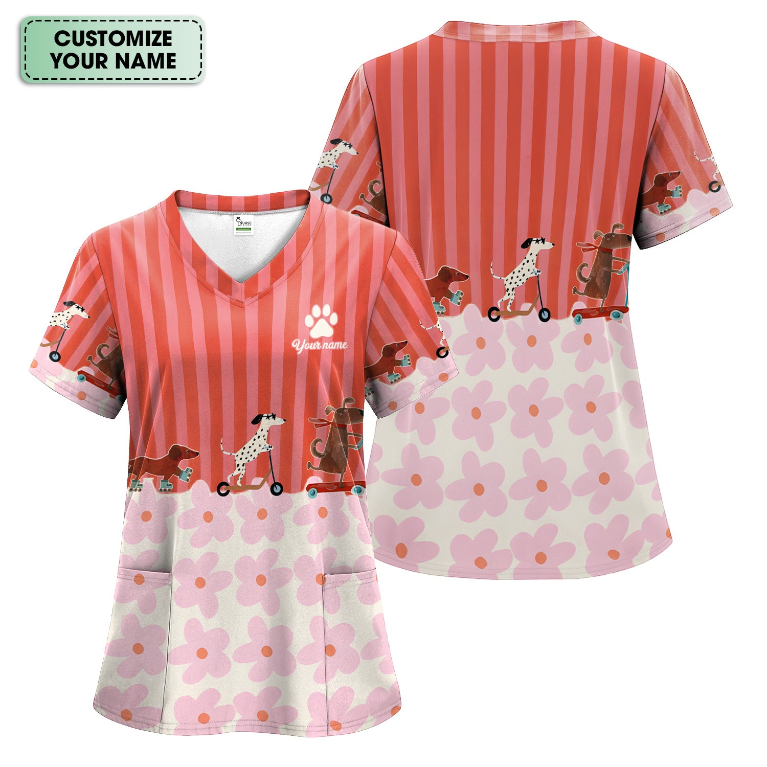 Personalized Cute Dog Roller Skate Flower Pattern Scrub Top, Comfortable Scrubs for Nurses