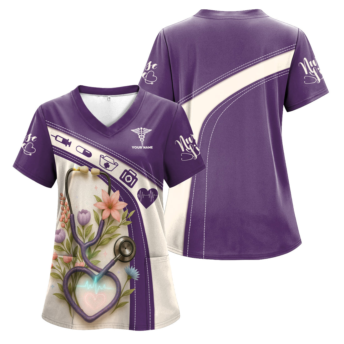 Custom Floral Scrub Top for Nurses - Heartbeat Stethoscope Purple Shirt - Personalized Medical Uniform Gift for RN CNA LPN