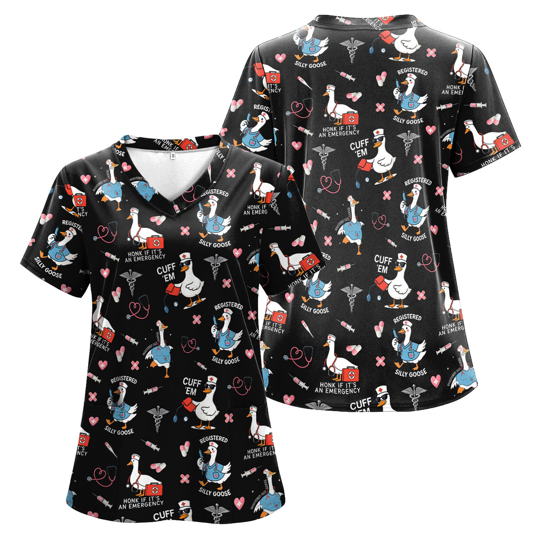 Funny Goose Nurse Scrub Top for Women - Medical Uniform Shirt with Stethoscope & Heart Print - Fun Gift for RN CNA LPN