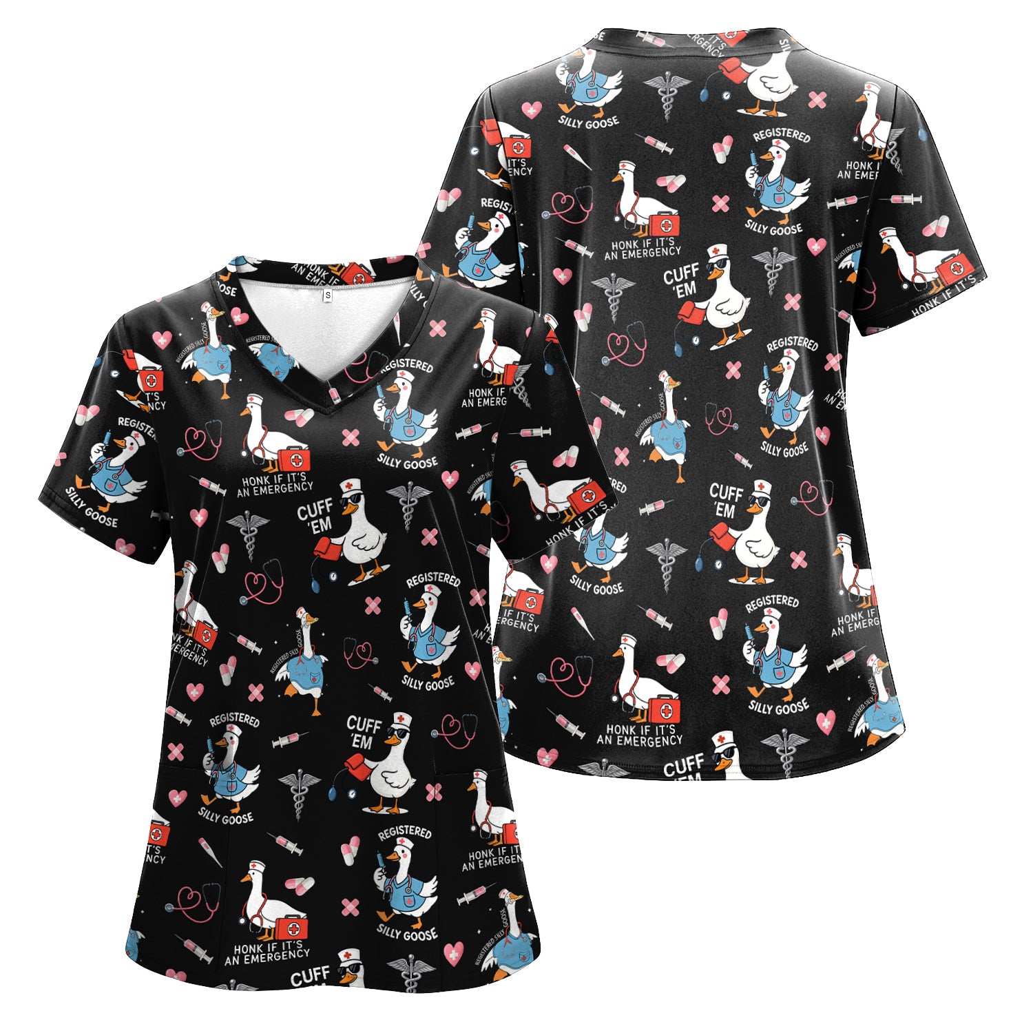 Funny Goose Nurse Scrub Top for Women - Medical Uniform Shirt with Stethoscope & Heart Print - Fun Gift for RN CNA LPN