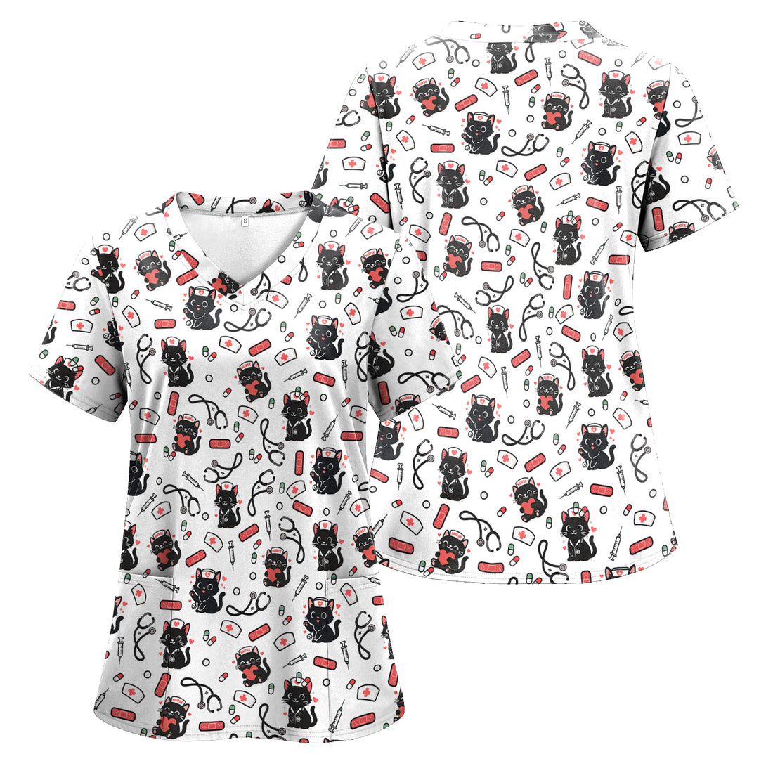 Cute Black Cat Nurse Scrub Top for Women - Medical Uniform Shirt with Stethoscope & Pill Print - Gift for CNA, LPN, Medical Worker