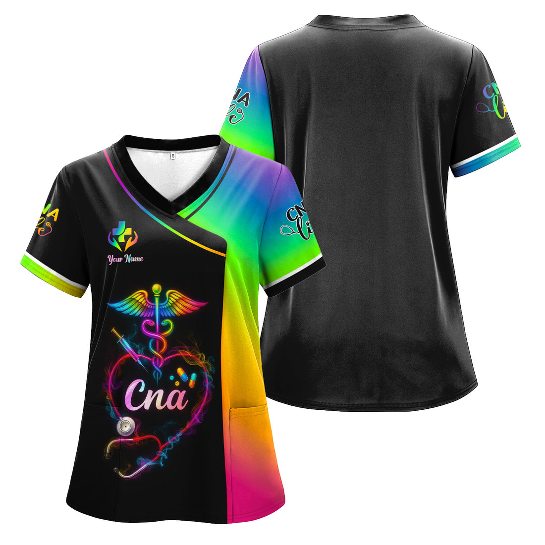 Personalized CNA Scrubs Shirt - Rainbow Medical Nurse Top for Healthcare Workers - Gift for RN LPN Healthcare Workers
