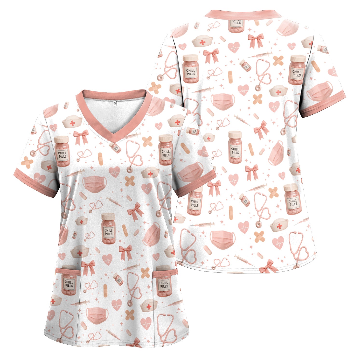 Personalized Cute Nurse Scrub Top - Pink Chill Pills & Medical Icons Pattern - Fun Aesthetic Gift for RN CNA LPN Healthcare Workers