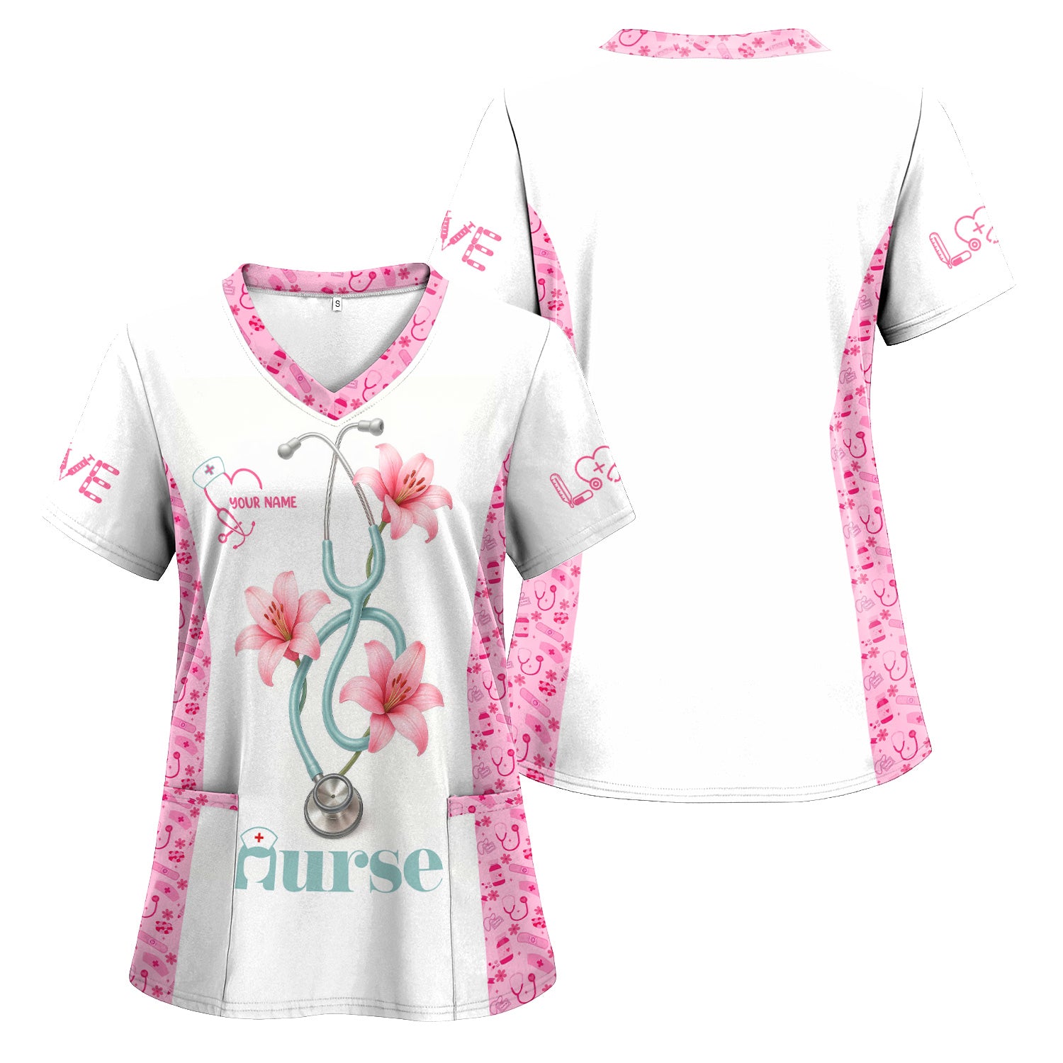 Personalized Nurse Scrubs - Pink Floral Stethoscope Design with Name Customization - Gift for RN, CNA, LPN