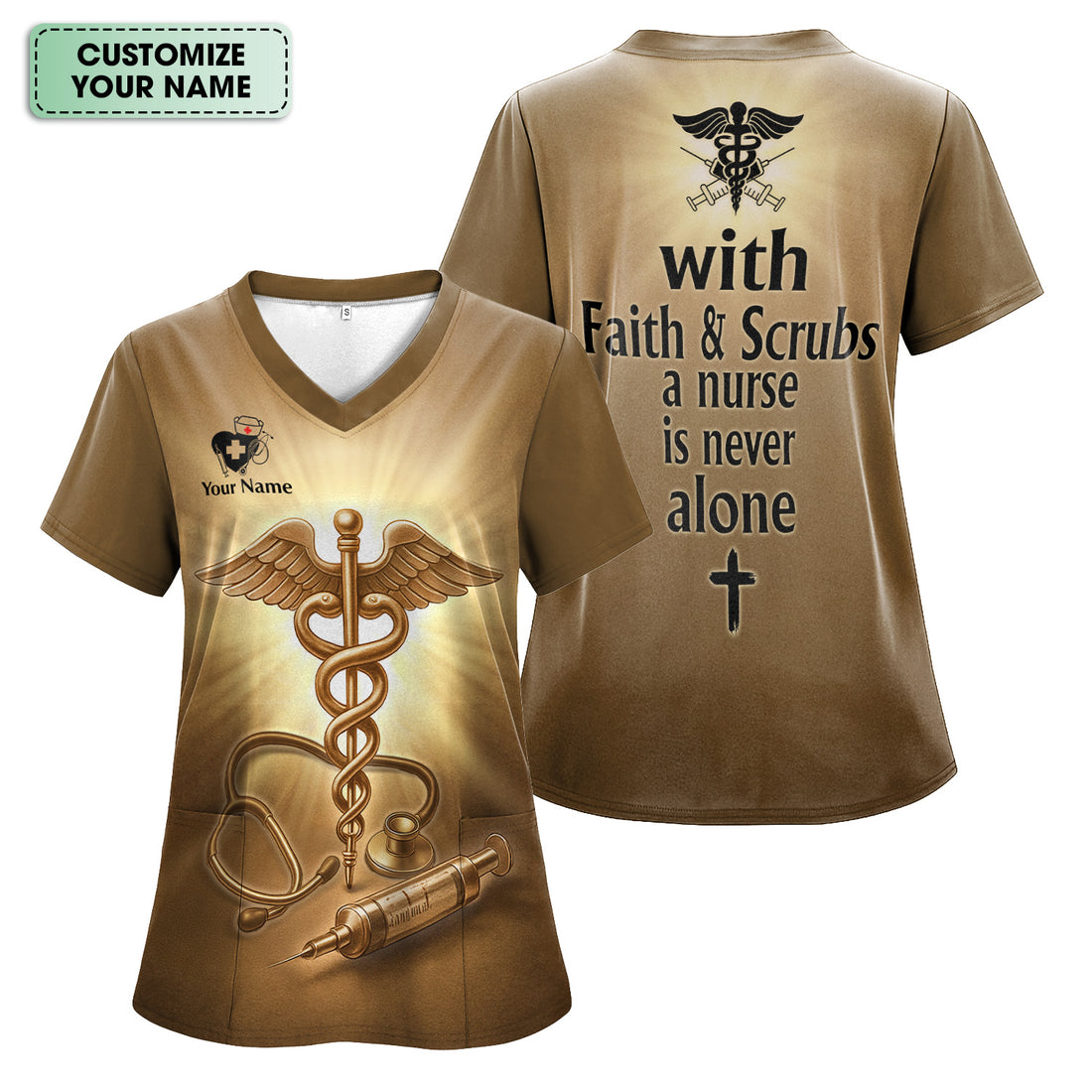 Custom Faith-Based Nursing Scrub Top - With Faith & Scrubs a Nurse Is Never Alone - Christian Gift for RN, LPN, CNA
