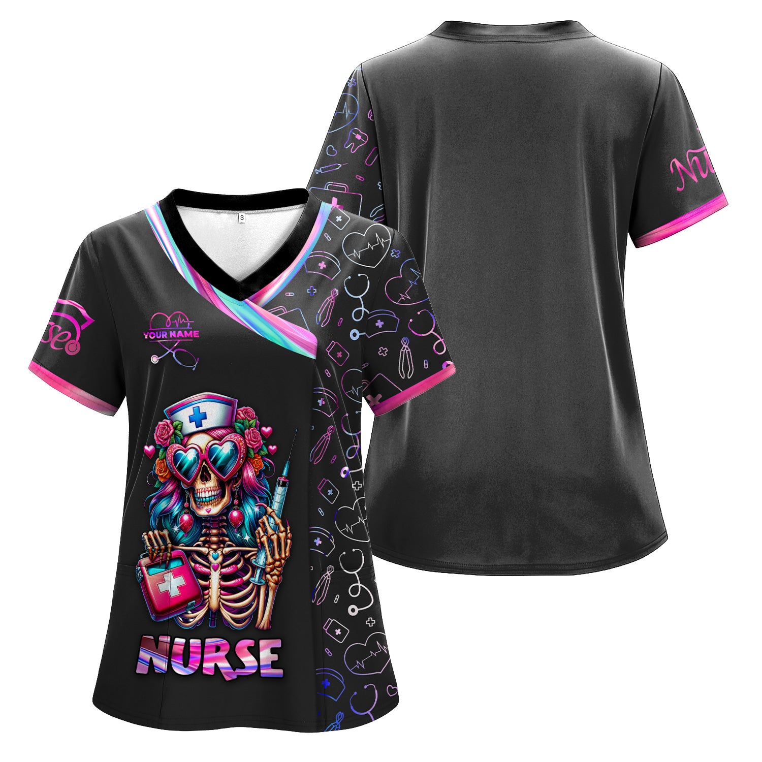 Personalized Funny Skeleton Nurse Scrub Top - Heart Sunglasses & Syringe Design - Custom Name Medical Gift for RN LPN CNA