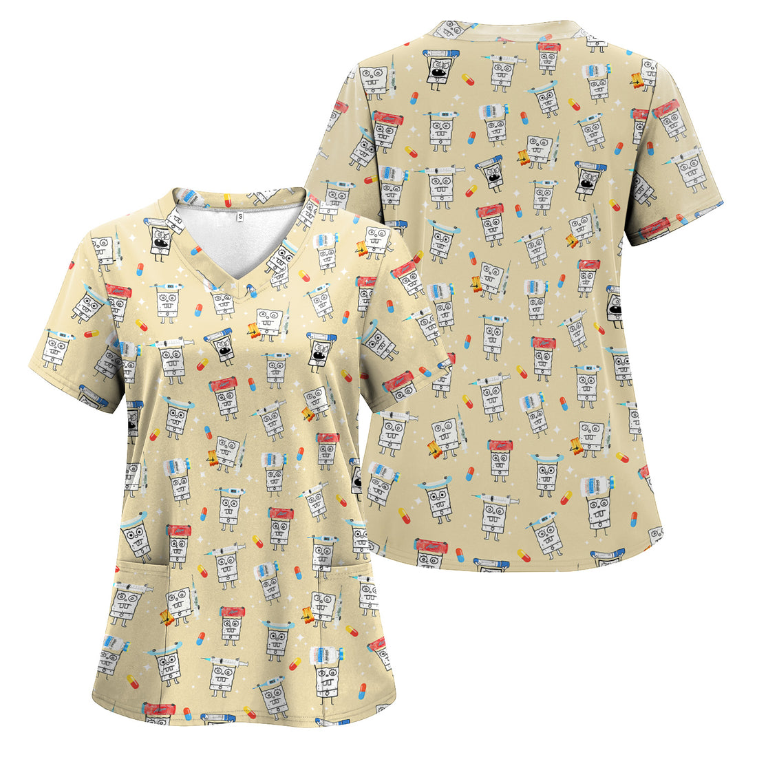 Funny Pharmacist Scrub Top - All-Over Print Doodle Medical Characters - Gift for RN LPN BSN Women