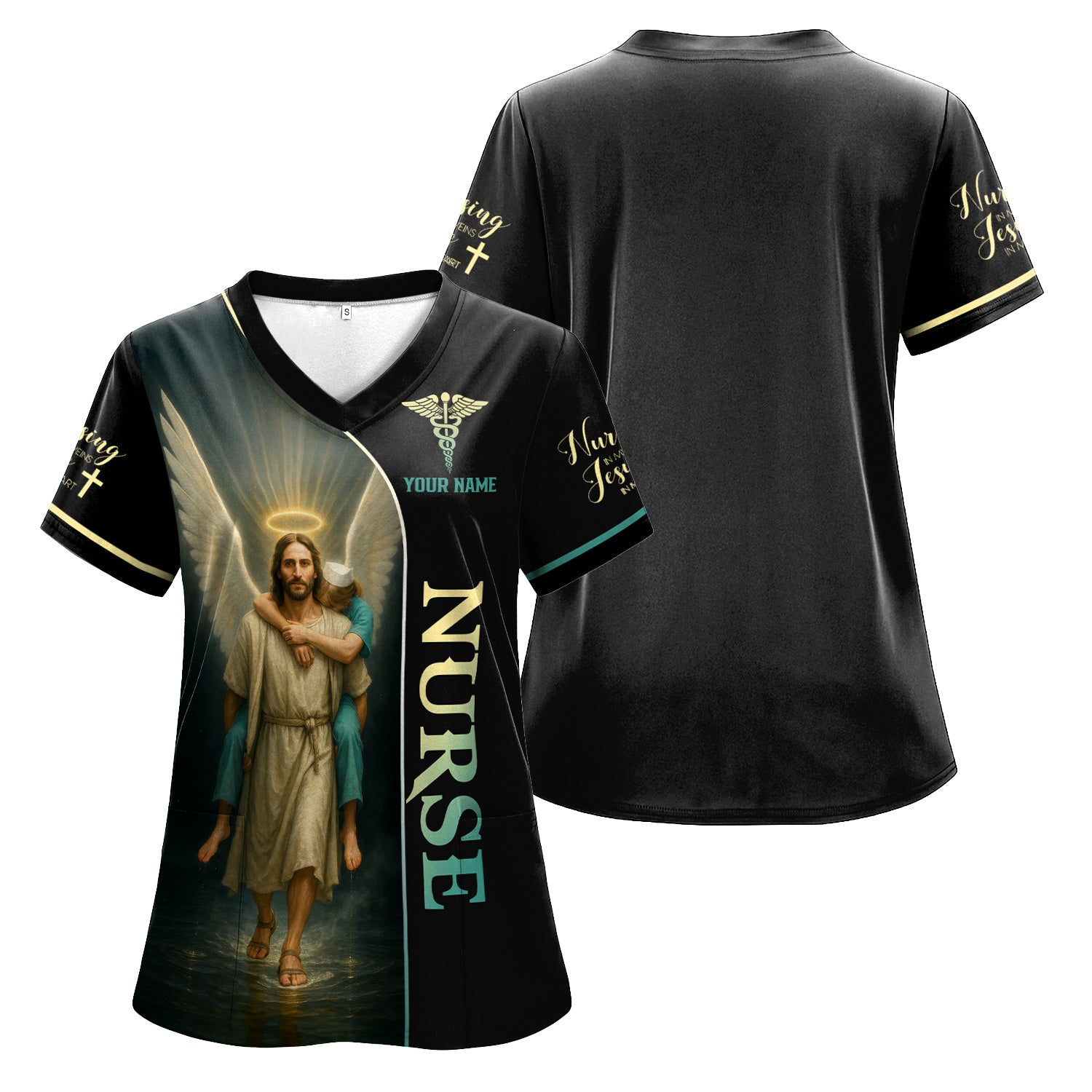 Christian Nurse T-Shirt - Personalized Jesus Angel Wings Graphic - Religious Gift for RN LPN Healthcare Workers