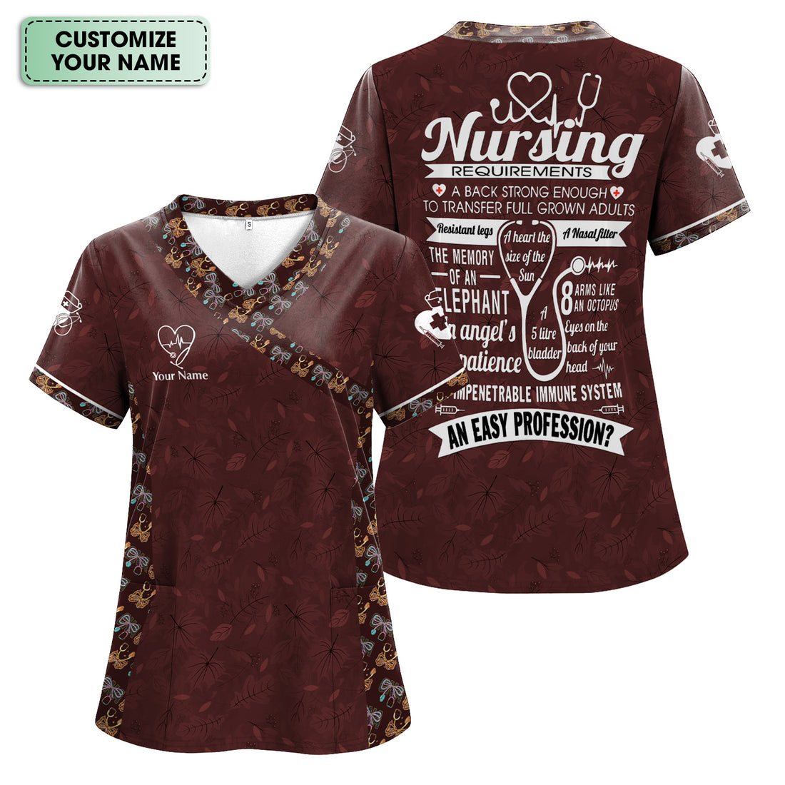 Personalized Nursing Scrub Top - Funny Nursing Requirements Quote - Custom Name Gift for RN LPN Healthcare Workers