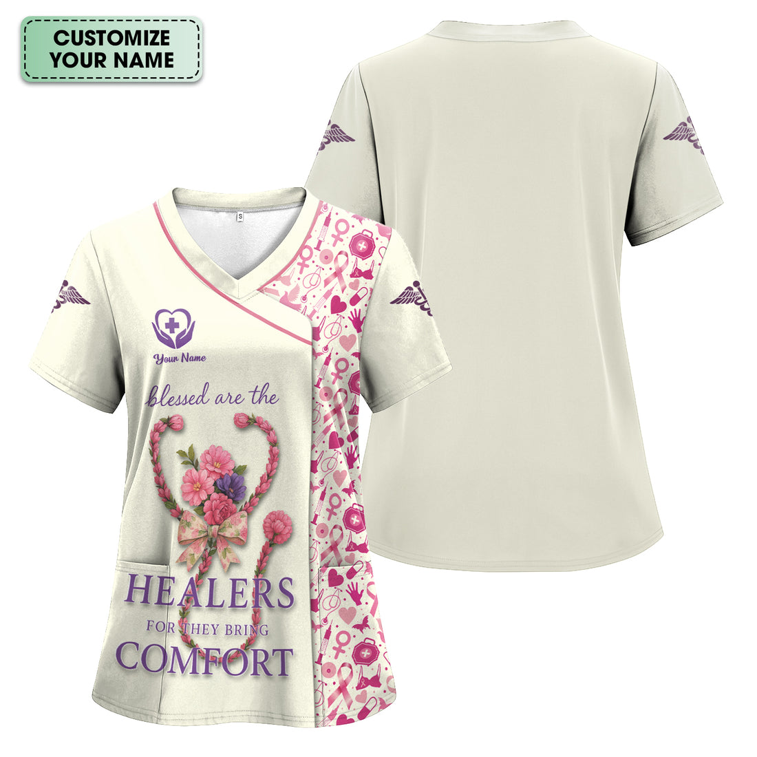 Personalized Breast Cancer Awareness Nurse Scrub - Blessed Healers Comfort Quote - Gift for RN LPN CNA