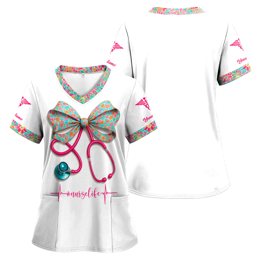 Custom Nurse Scrubs for Women with Colorful Bow - Cute Stethoscope Nurse Life Design - Gift for Registered Nurses and Healthcare Workers