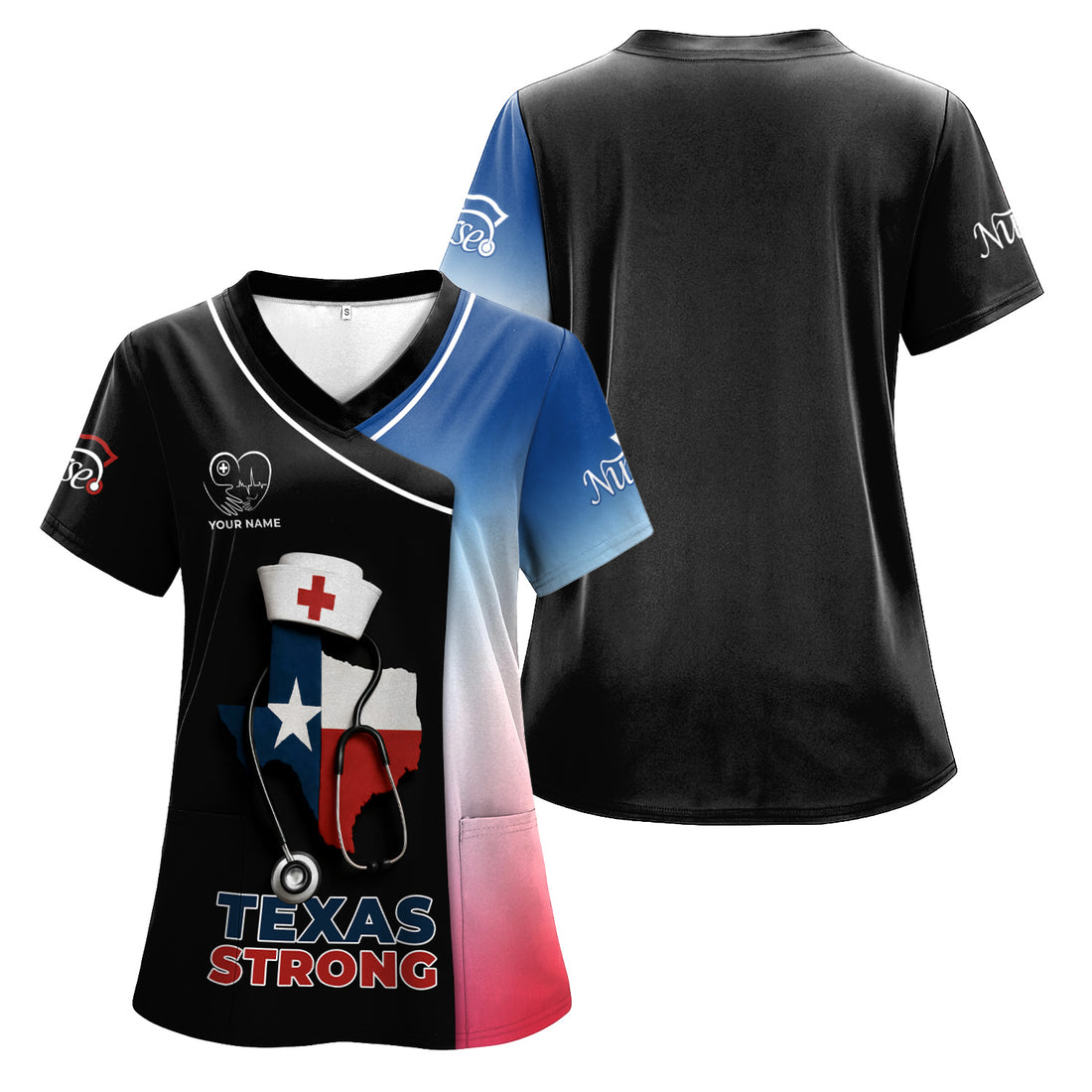 Personalized Texas Strong Scrubs - Stethoscope & Texas Flag Design - Ideal for RN, CNA, LPN, Healthcare Workers