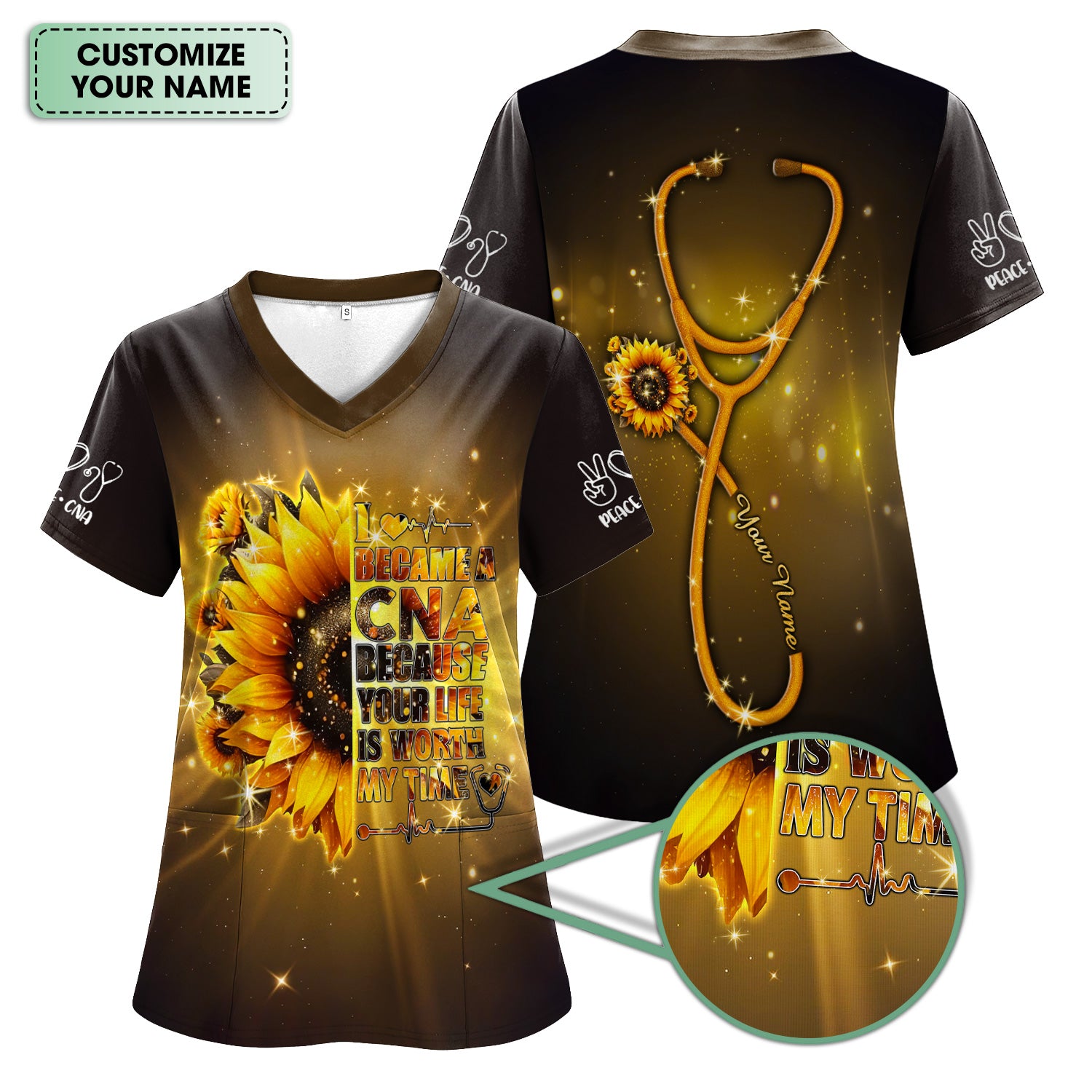 Personalized CNA Sunflower Scrub Top - Your Life Is Worth My Time Design - Gift for RN LPN Healthcare Workers