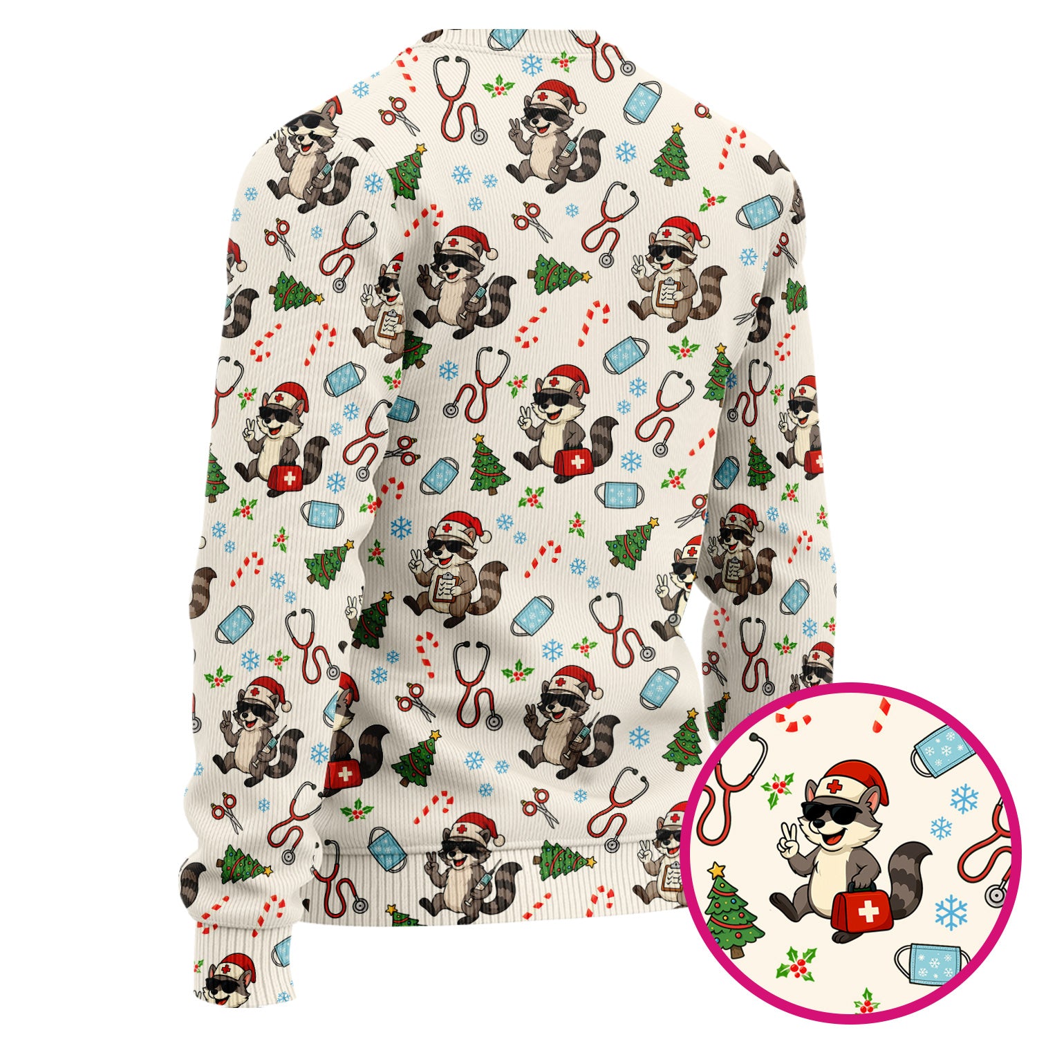 Funny Christmas Nurse Scrub Set - Raccoon Pattern with Santa Hat, Stethoscope and Tree - Cute Holiday Medical Scrubs Pants and Top Gift for RN CNA LPN
