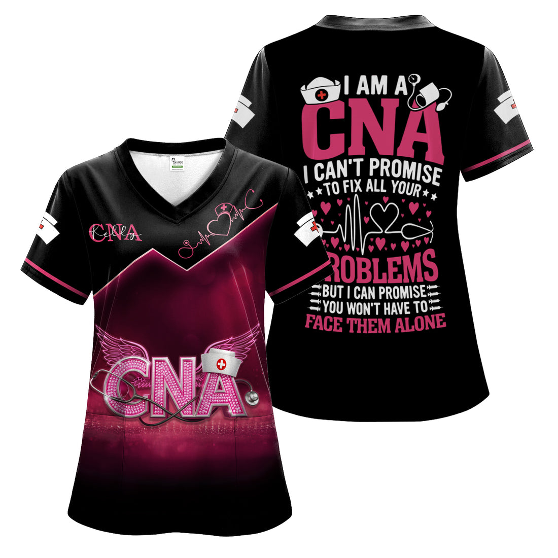 Personalized CNA Nurse Scrub Top - Inspirational Quote I Can't Promise to Fix All Problems - Healthcare Workers & Nursing Staff Gift