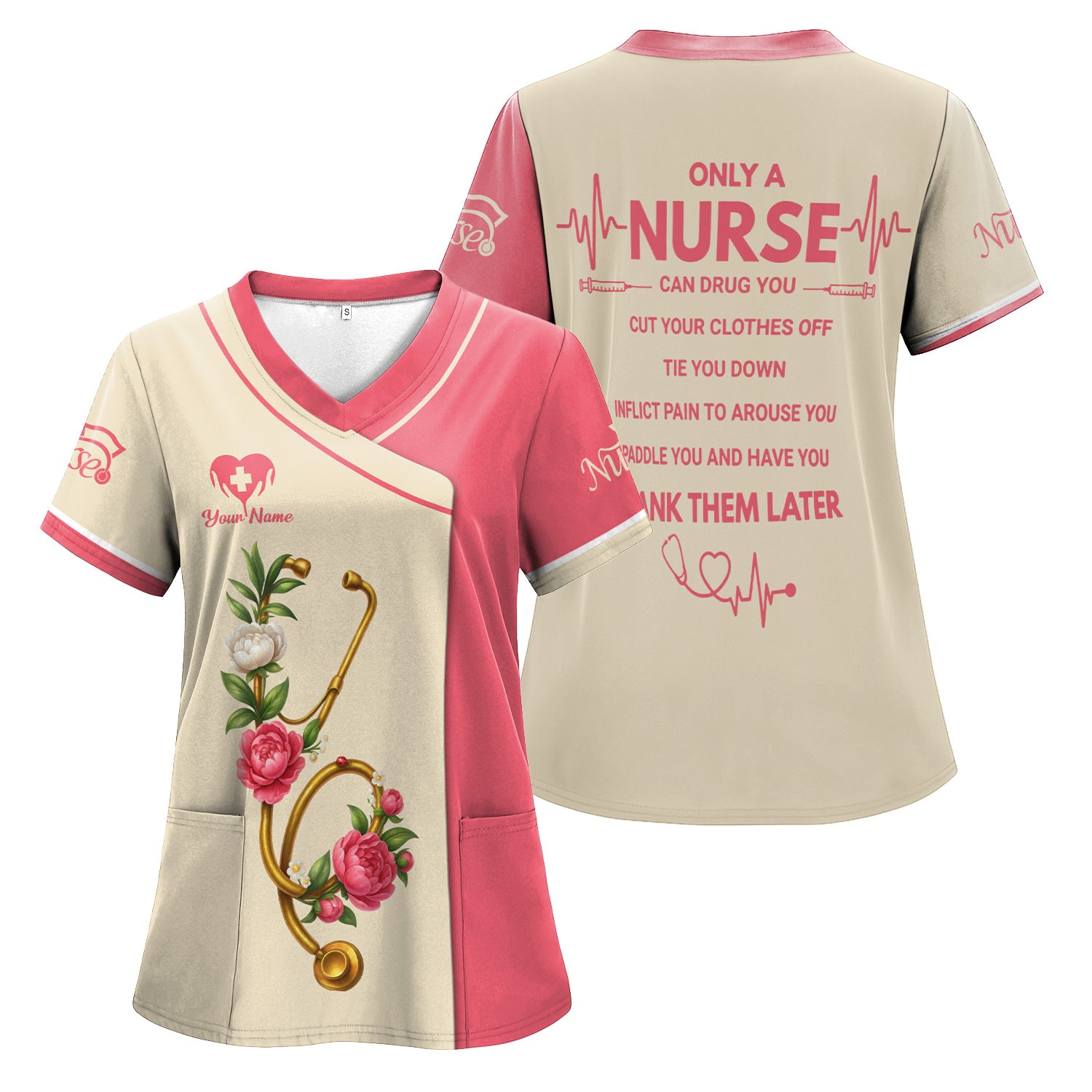Personalized Nurse Shirt for Women - Pink Floral Stethoscope Design - Custom Name Gift for RN, CNA, LPN
