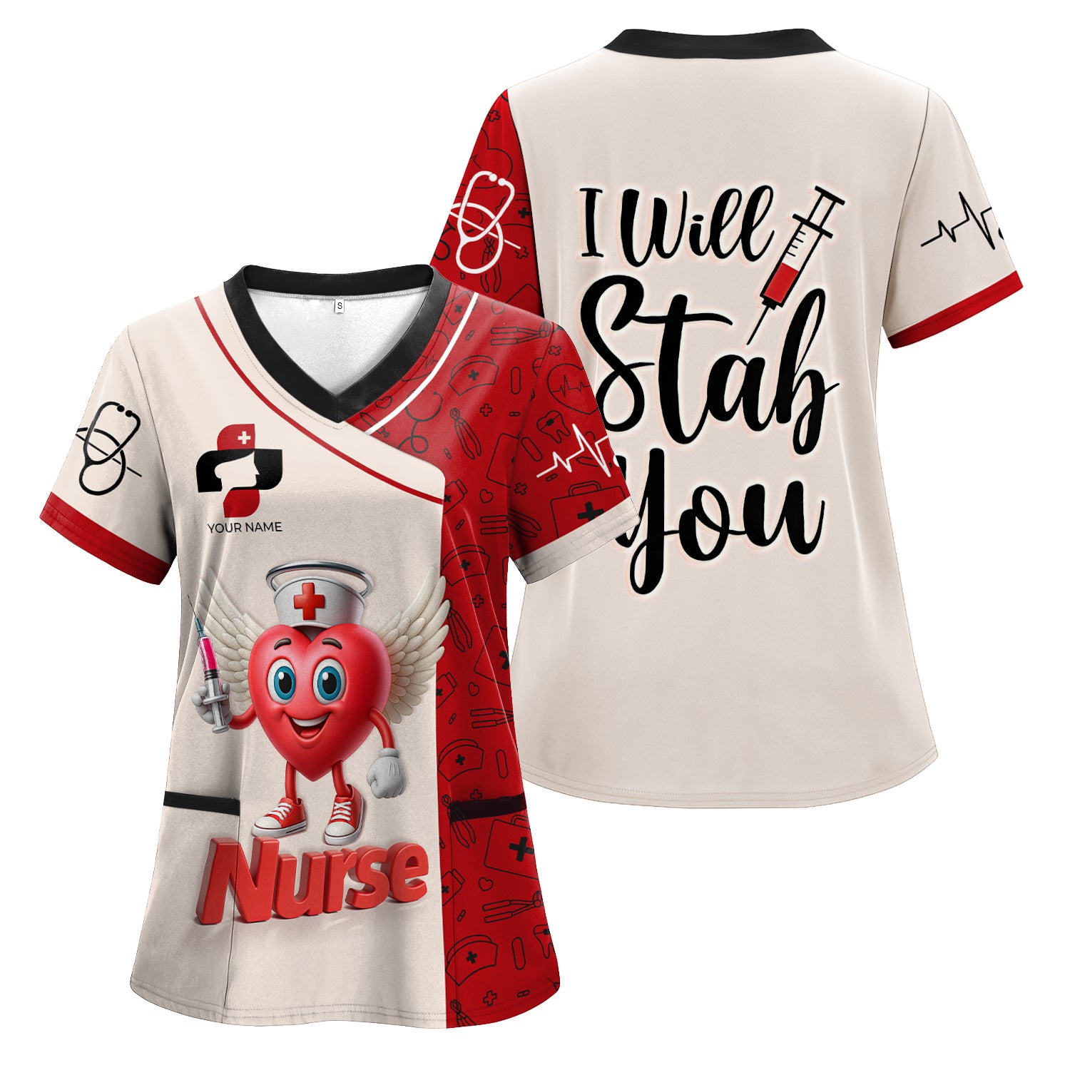 Custom Funny Nurse Shirt - Cartoon Heart with Syringe & Angel Wings - I Will Stab You Quote Gift for RN LPN CNA Medical Workers
