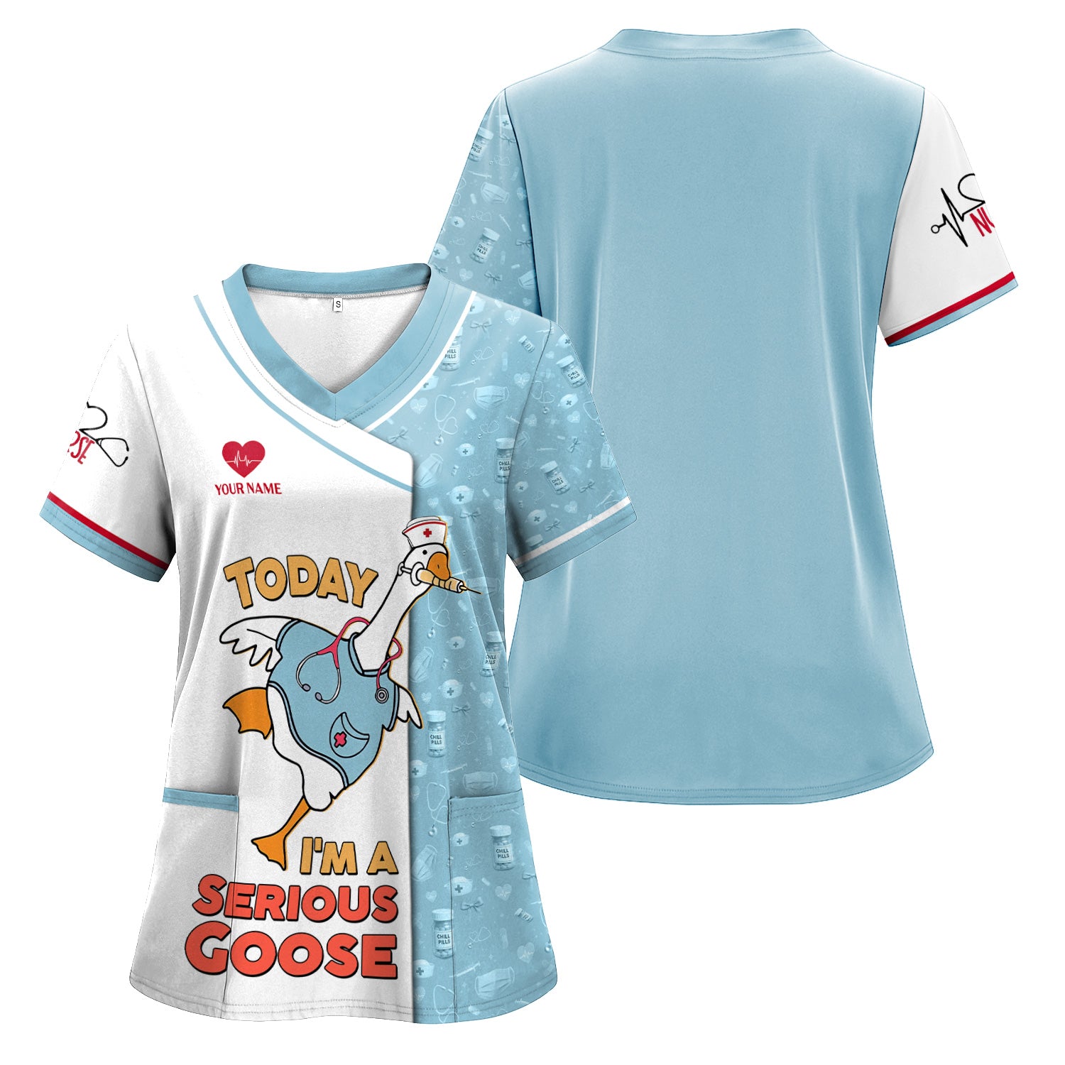Personalized Goose Nurse T-Shirt for Women - Silly Medical Icons Design - Custom Name Gift for Healthcare Workers & Medical Staff