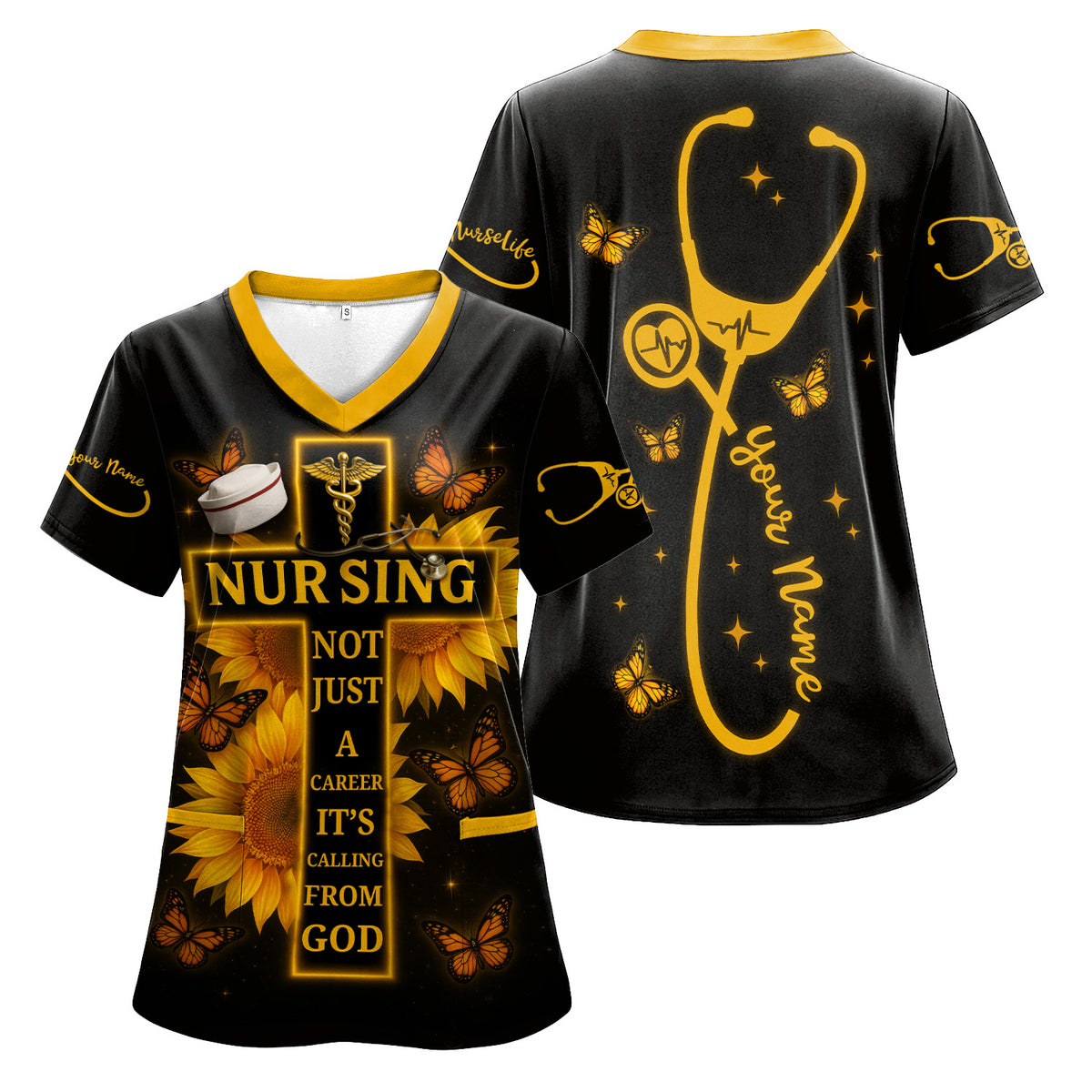 Personalized Nurse Faith Scrub Top - Religious RN CNA LPN Work Shirt - Custom Gift for Nurses Healthcare Workers with Sunflower Butterfly