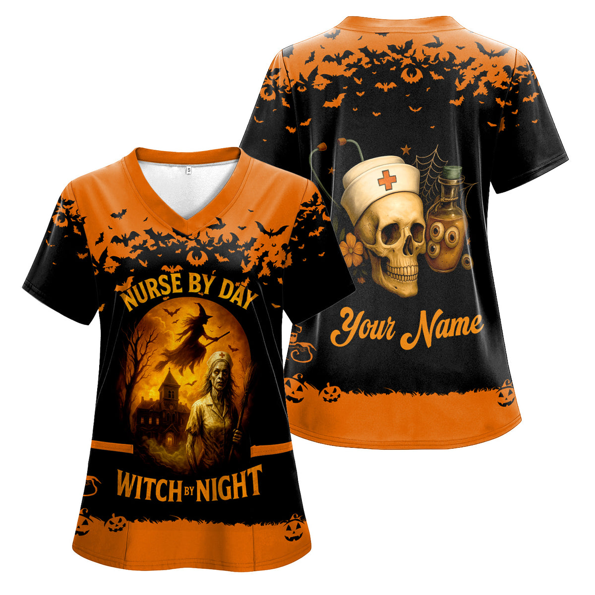 Personalized Halloween Nurse Uniform Top - Custom Name Spooky Witch Costume Inspired Scrub Shirt - Fun Gift for Medical Staff Healthcare Workers
