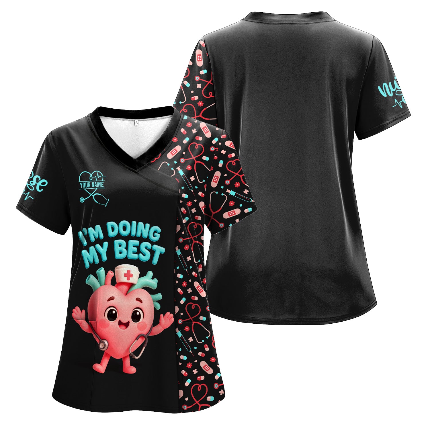 Funny Custom Nurse Scrub Top with Heart - I'm Doing My Best Quote & Cute Medical Icons - Personalized Gift for RN, LPN, CNA
