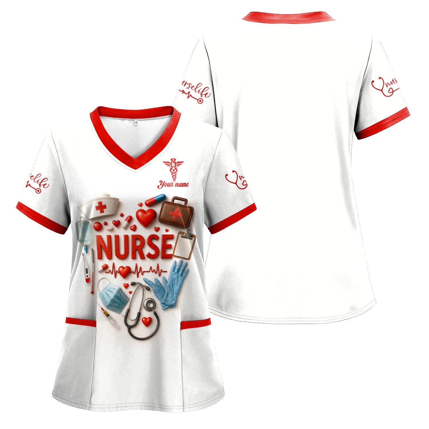 Custom Nurse Scrubs - Medical Tools & Heartbeat Graphic - Personalized Scrubs for RN CNA LPN Healthcare Workers