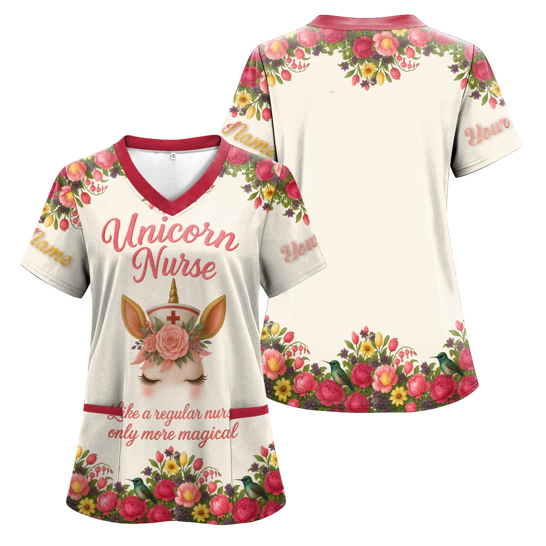 Custom Magical Unicorn Nurse Scrub Shirt - Floral Pattern Nursing Uniform - Gift for RN LPN CNA