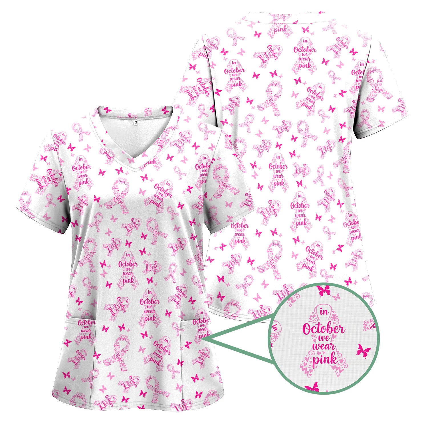 Personalized Breast Cancer Awareness Scrub Top - Supportive October Uniform for Nurses - Gift for RN, CNA, LPN