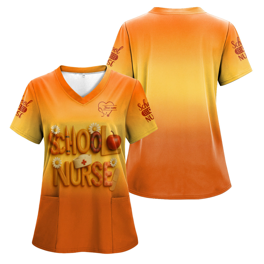 Custom School Nurse Scrub Top - Cute Apple Pencil Design with Bandages and Daisies - Back to School Gift for RN LPN Healthcare Workers