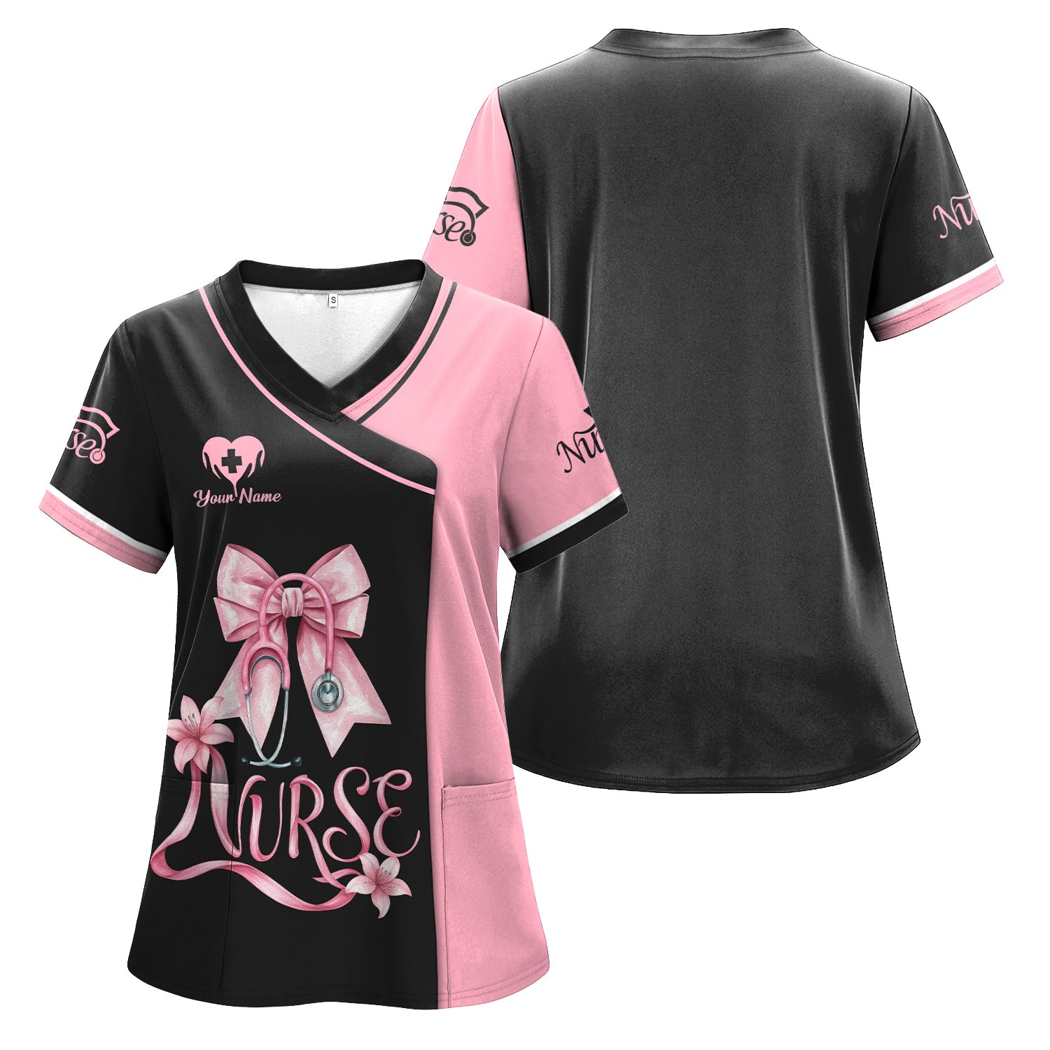 Custom Name Nurse Scrub Top for Women - Floral Ribbon Medical Graphic - Gift for Stylish RN, CNA, LPN Nurse Week